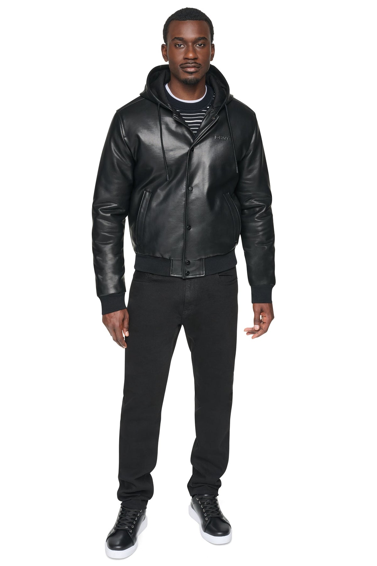 DKNY Men's Faux Leather Hooded Bomber Black