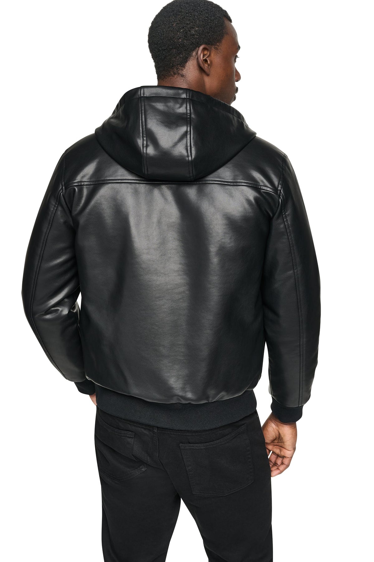 DKNY Men's Faux Leather Hooded Bomber Black