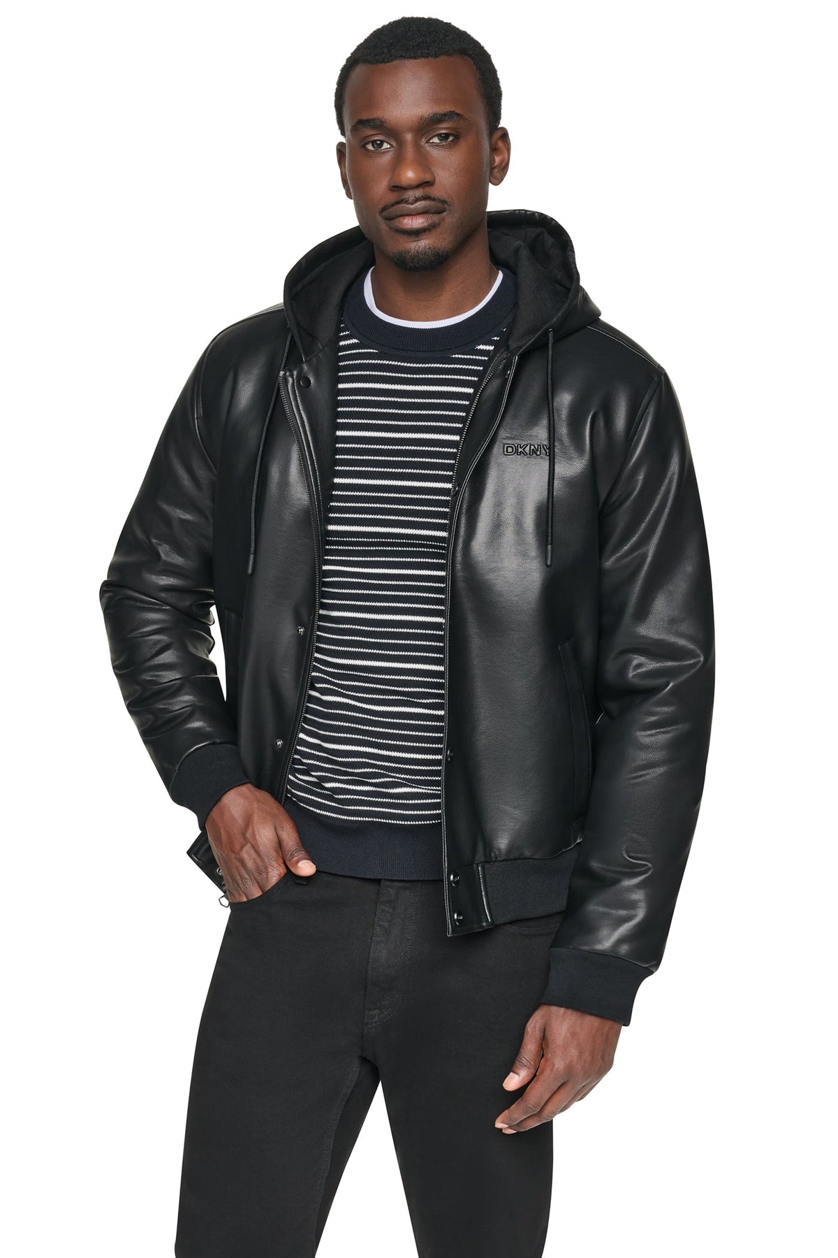 DKNY Faux Leather Hooded Bomber Jacket - Black