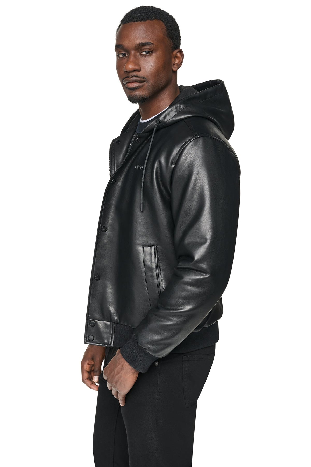 DKNY Men's Faux Leather Hooded Bomber Black