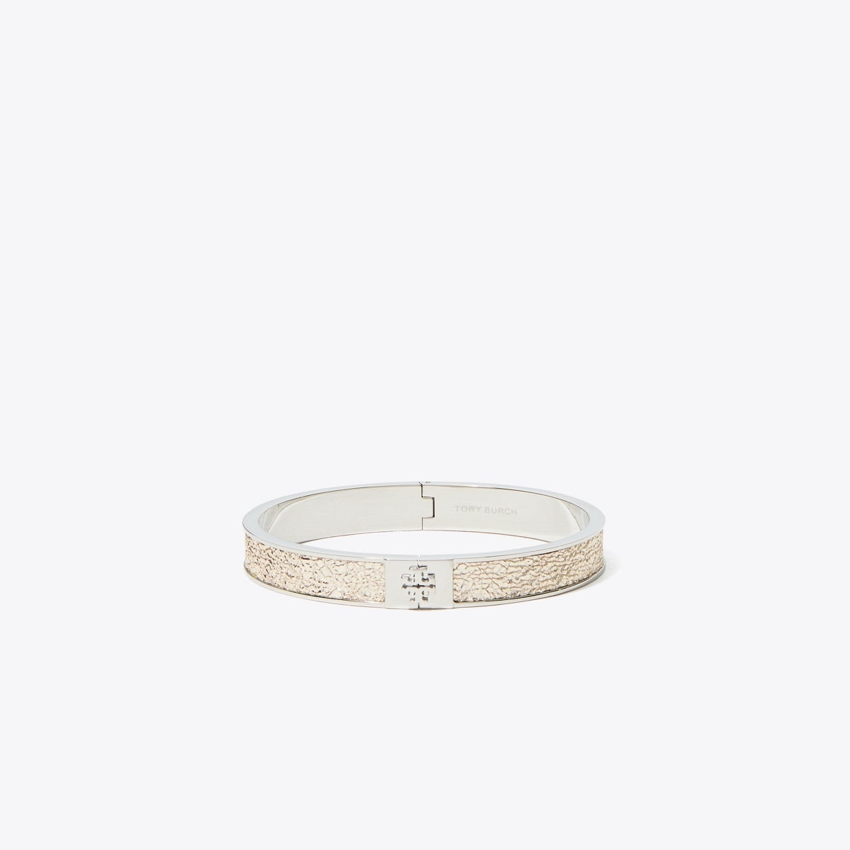 Tory Burch Slim Leather Inlay Cuff Tory Silver / White Gold