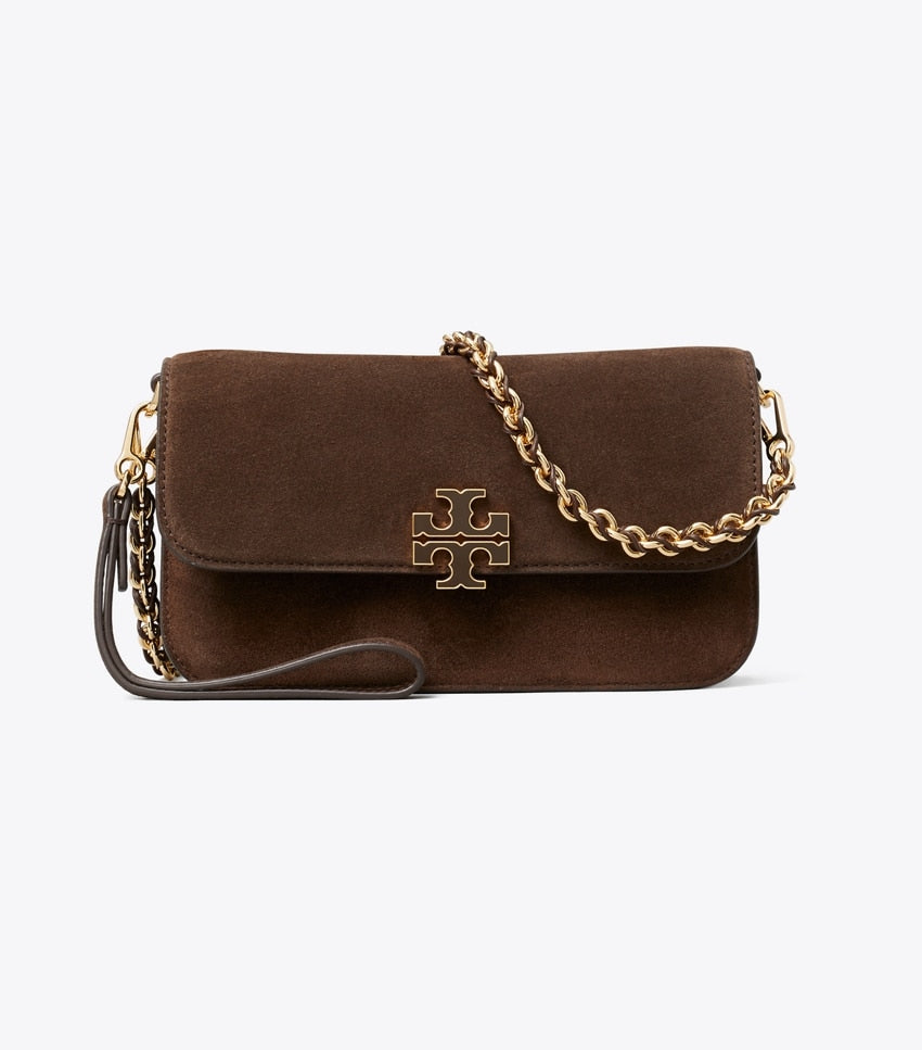 Tory Burch Britten Chain Wallet - Suede Dark Cocoa