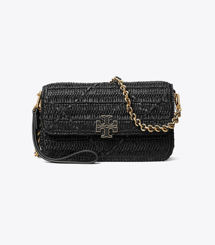 Tory Burch Britten Chain Wallet - Raffia Crochet Black