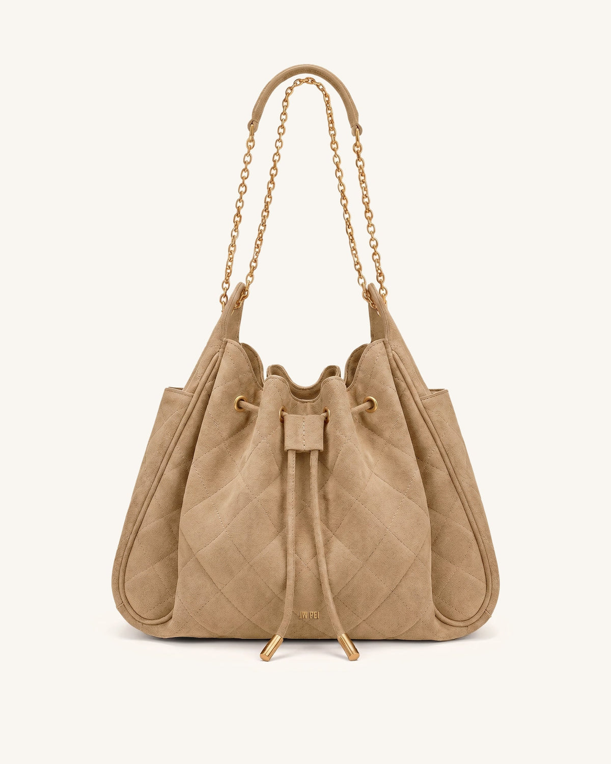 JW PEI Rowan Ruched Drawstring Chain Bucket Bag - Faux Suede Quilted - Coconut Brown