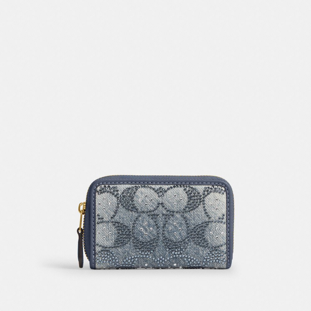 Coach Essential Small Zip Around Card Case - Denim Crystal Signature Brass/Denim