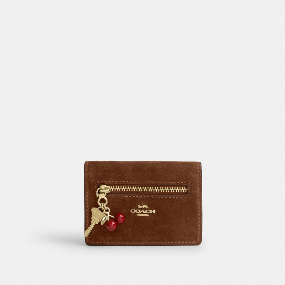 Coach Card Case With Charms Suede - Gold/Warm Brown