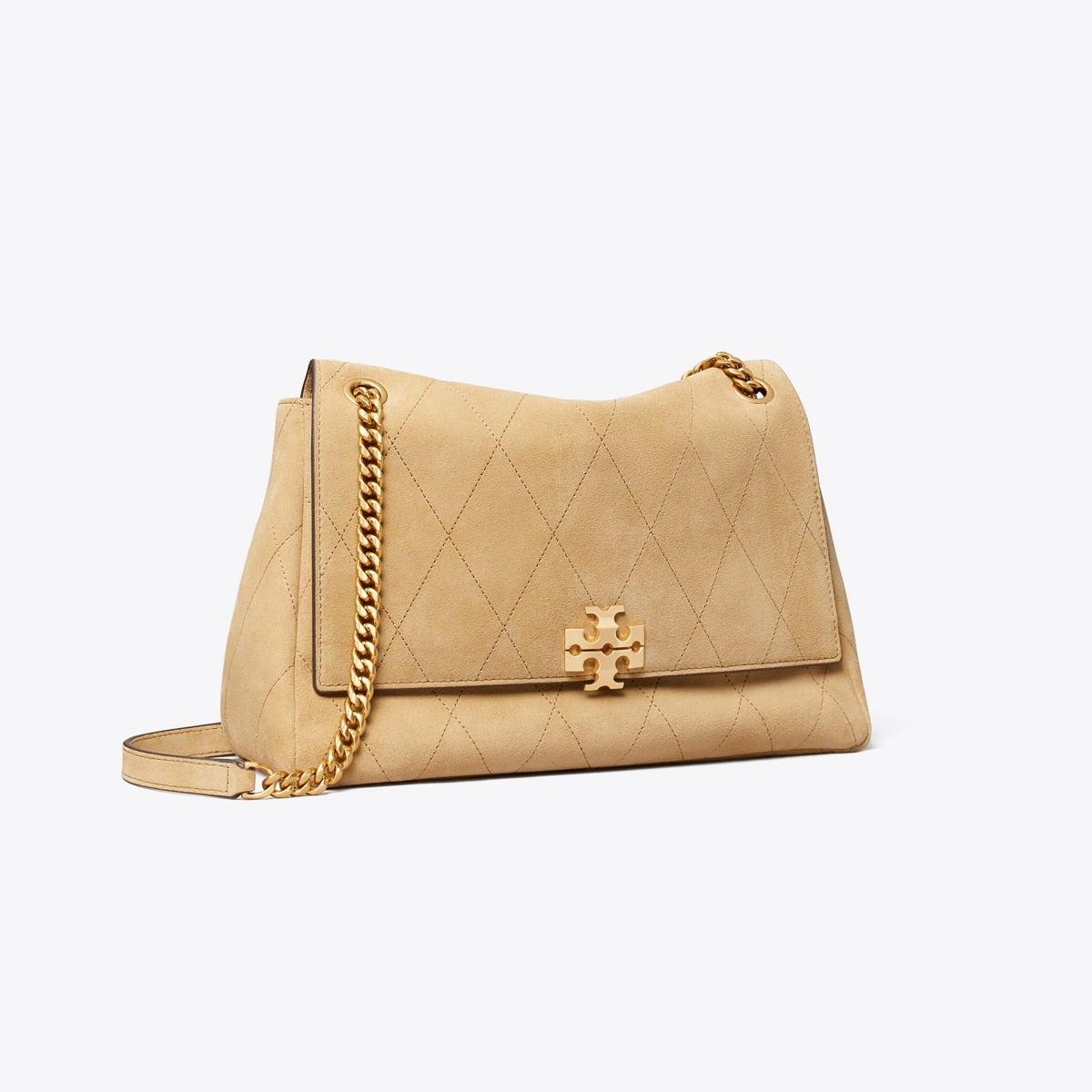 Tory Burch Charlie Quilted Suede Shoulder Bag - Stone
