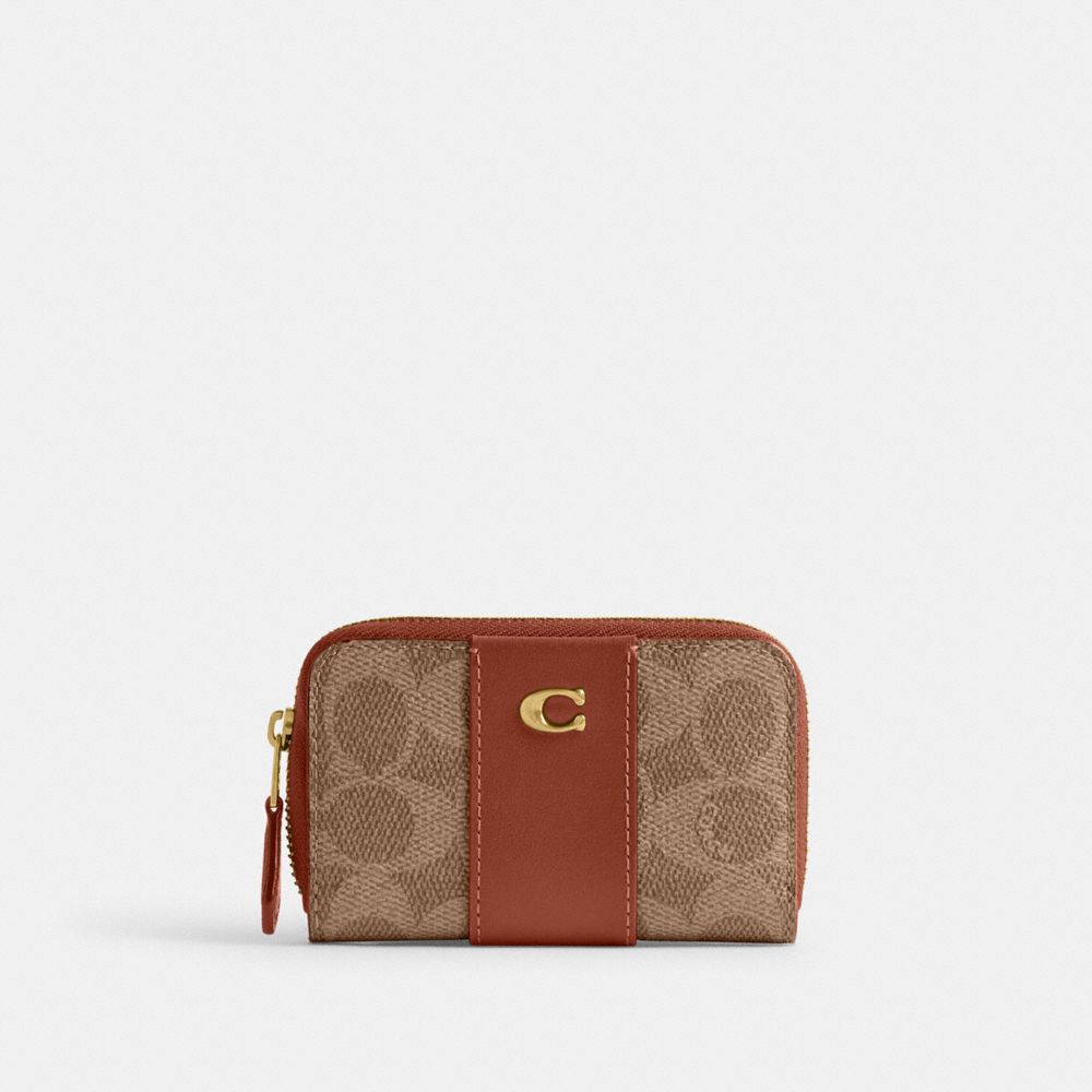 Coach Essential Small Zip Around Card Case - Signature Canvas Brass/Tan Caramel