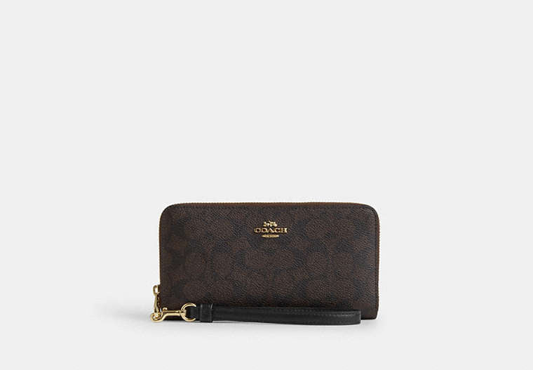 Coach Long Zip Around Wallet Signature Canvas Gold/Walnut/Black