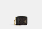 Coach Zip Card Case Signature Canvas Gold/Walnut/Black