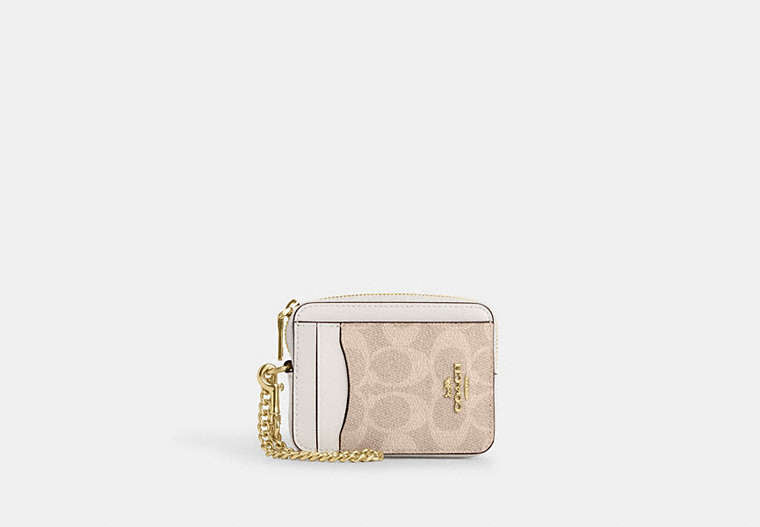 Coach Zip Card Case Signature Canvas Gold/Sand/Chalk