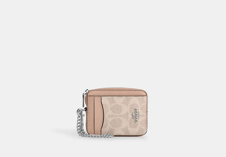 Coach Zip Card Case Signature Canvas Silver/Sand/Taupe