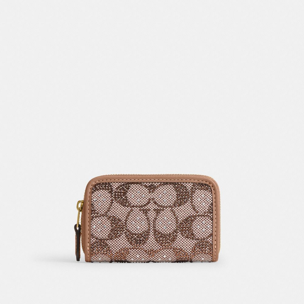 Coach Essential Small Zip Around Card Case - Crystal Signature Jacquard Brass/Mushroom