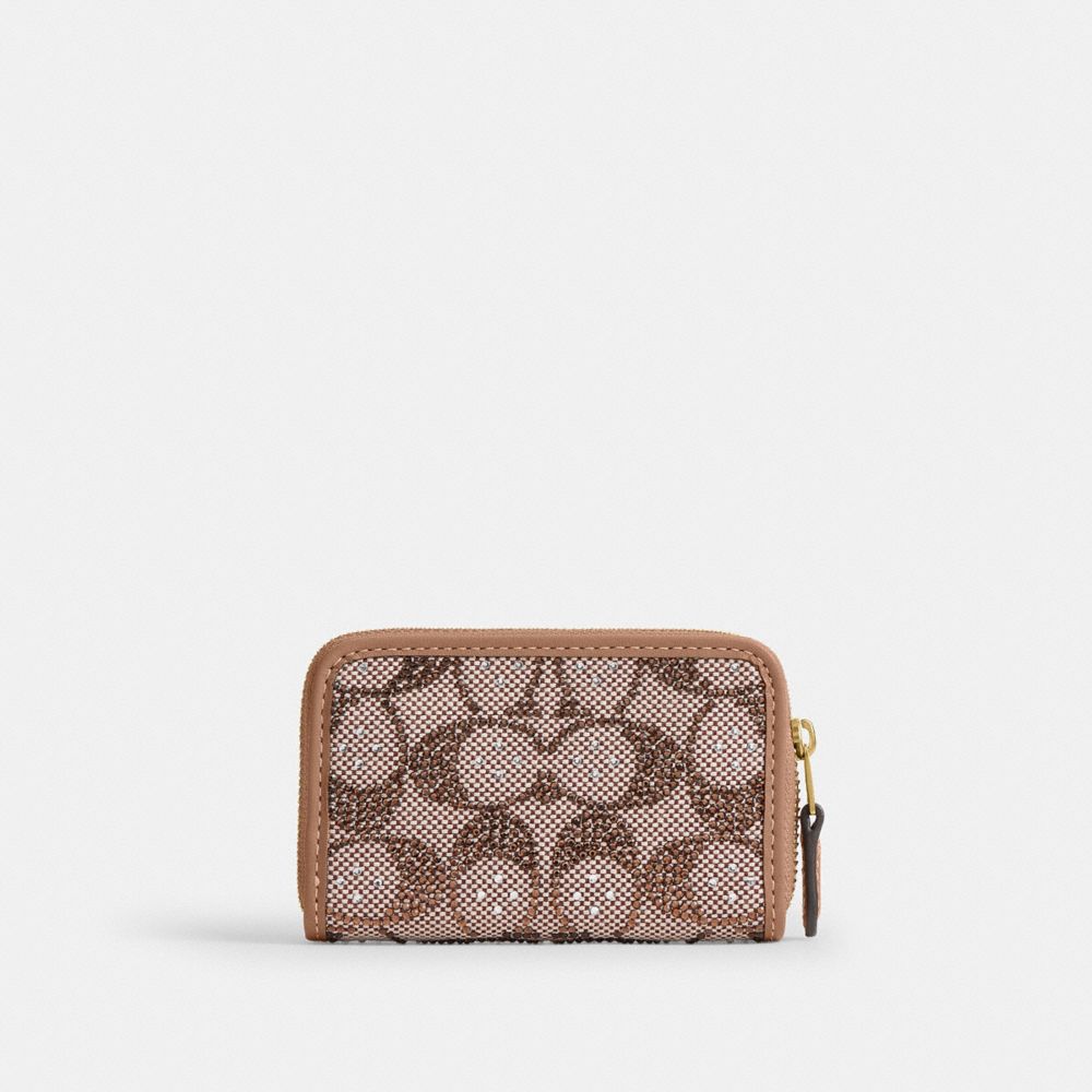 Coach Essential Small Zip Around Card Case - Crystal Signature Jacquard Brass/Mushroom