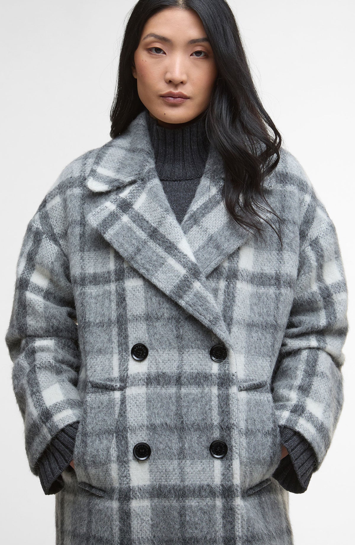 Barbour Fenella Tartan Double-Breasted Long Coat detail
