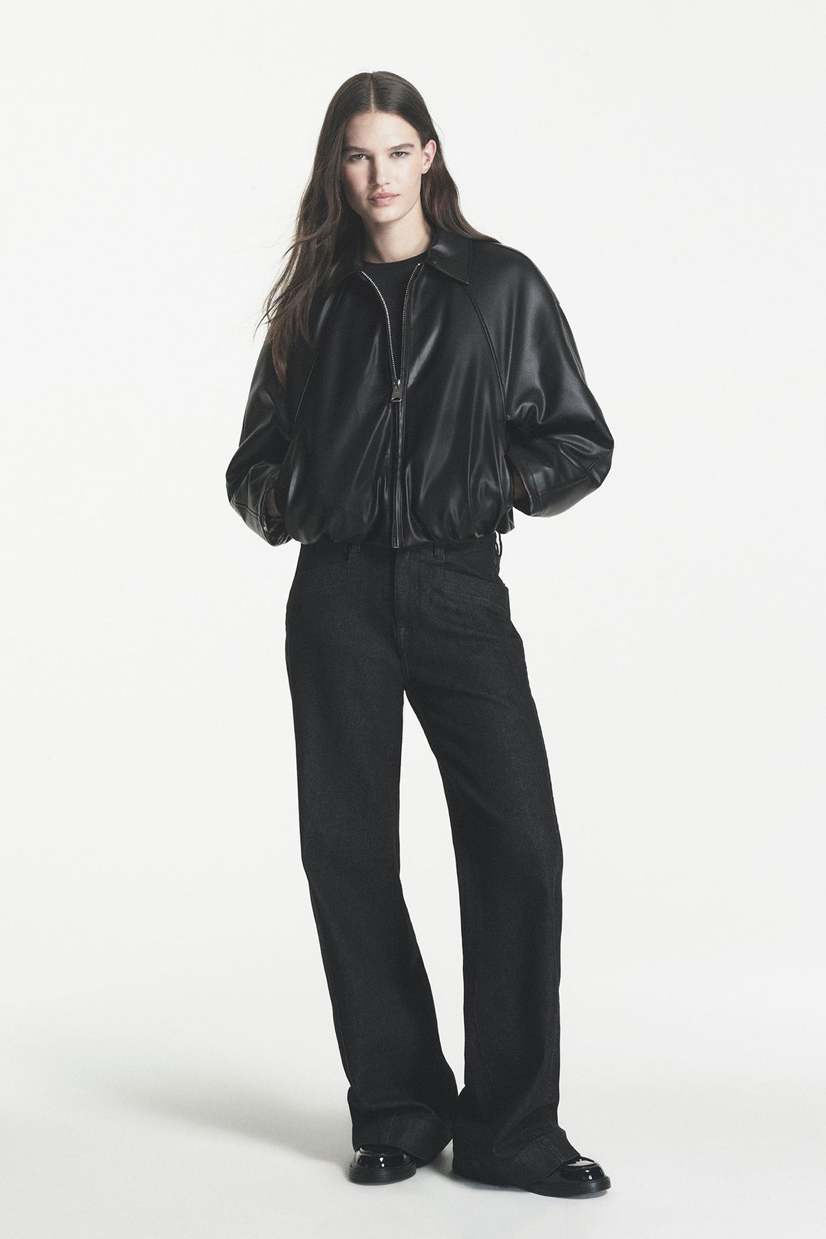 DKNY Women's Faux Leather Bubble Hem Jacket