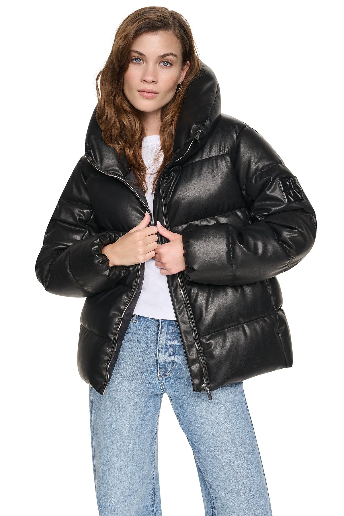 DKNY Women's Faux Leather Puffer Jacket