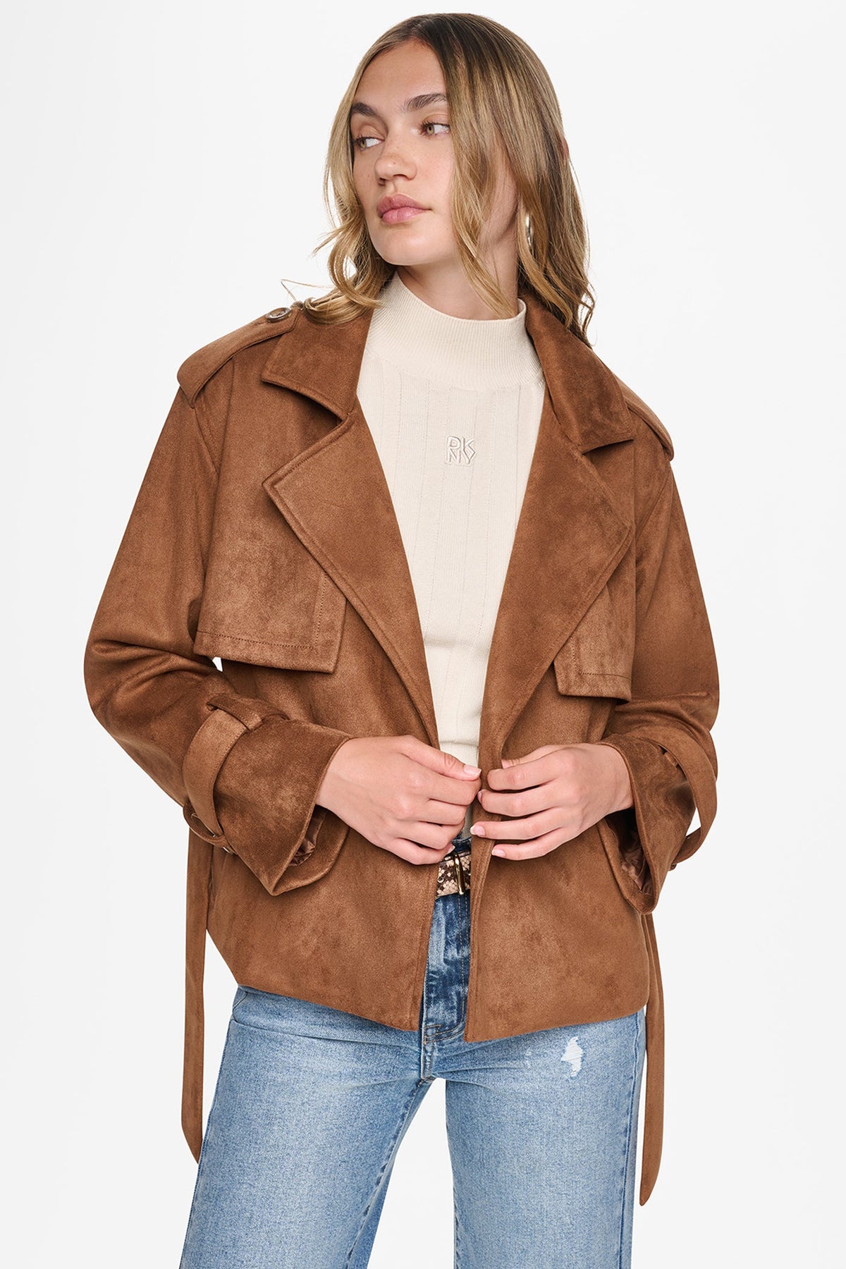 DKNY Women's Faux Suede Short Trench Jacket