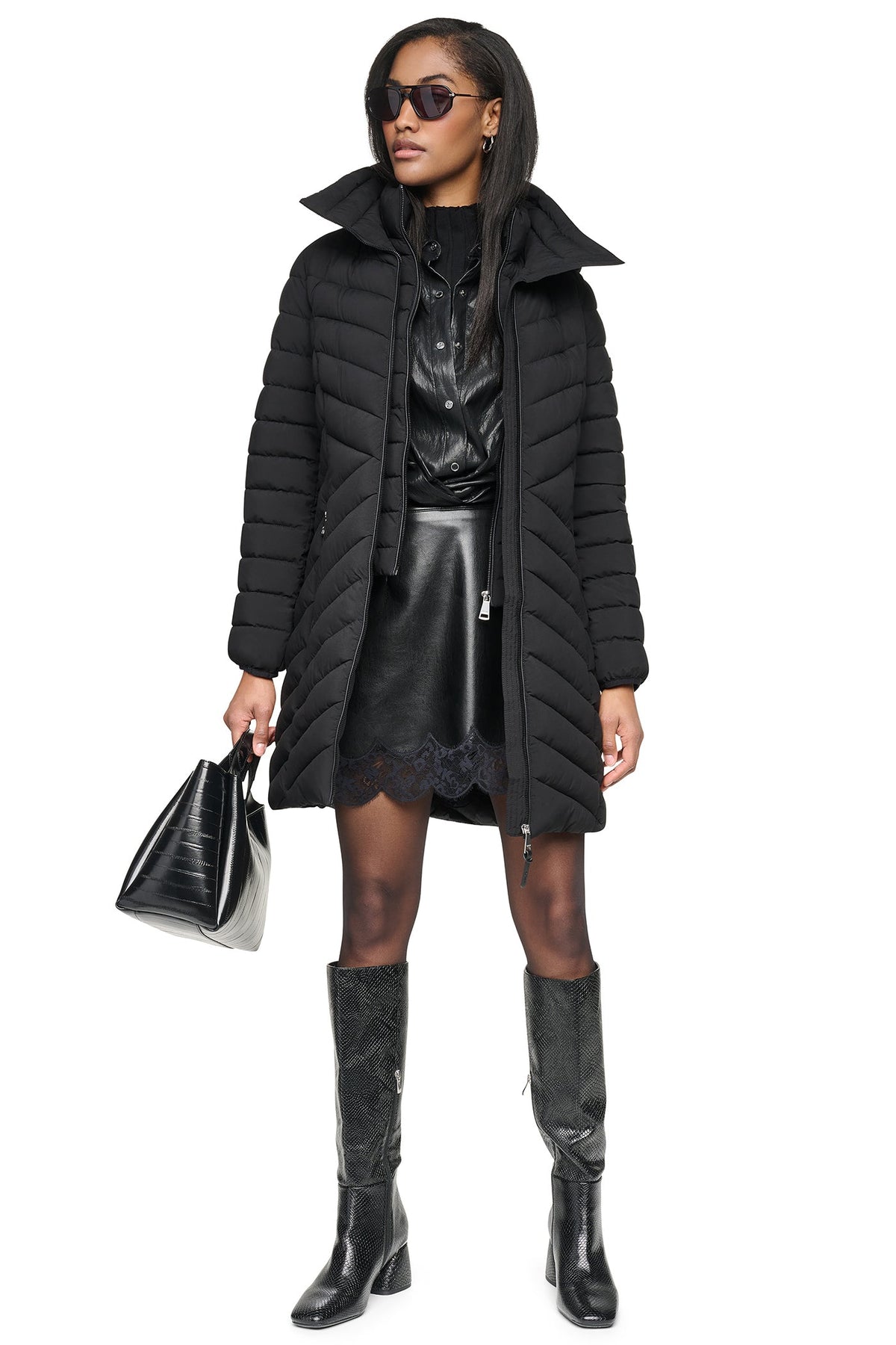 DKNY Women's Hooded Stand Collar Puffer