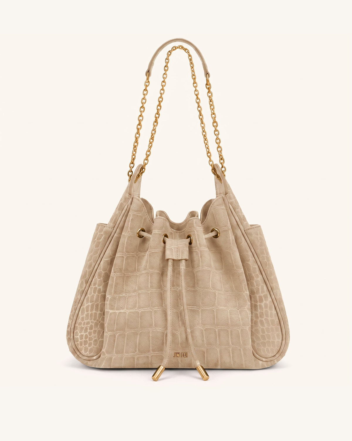 JW PEI Rowan Ruched Drawstring Chain Bucket Bag - Faux Suede Croc - Camel