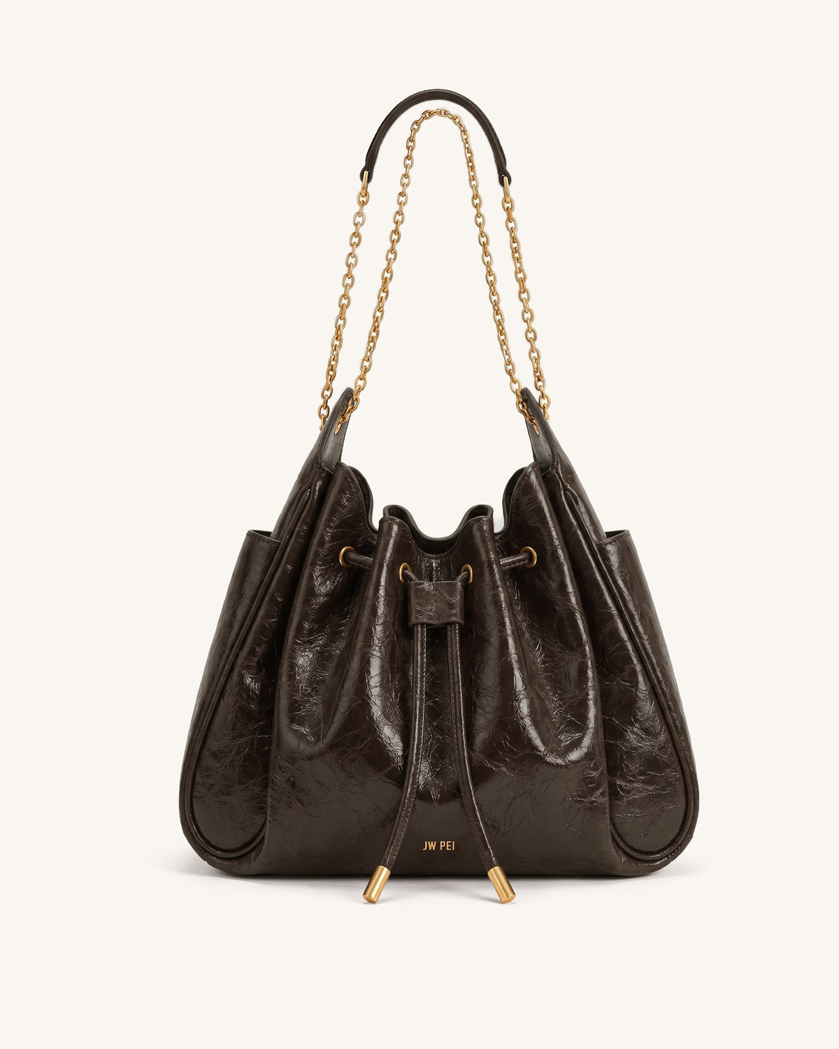 JW PEI Rowan Ruched Drawstring Chain Bucket Bag - Chestnut Brown